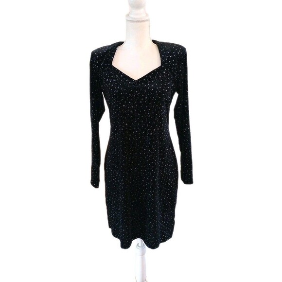 Vtg Velvet Mini Dress Medium 80s 90s Bling Glam Sparkle Long Sleeve Party - Picture 2 of 13